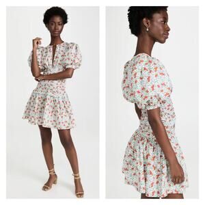 ByTiMO  Festive Floral Puff Sleeve Mini Drop Waist Dress In Poppy Size XS